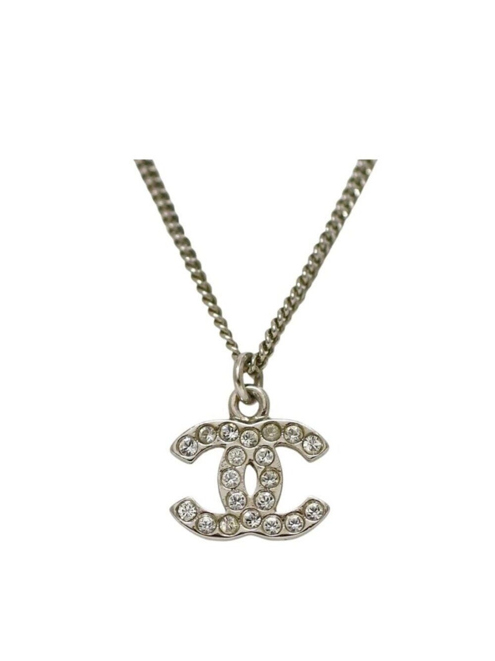 Chanel Necklace CC Logo 09 Metal Rhinestone Silver